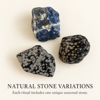 Glacier Peak natural stone variations: blue stone and snowflake-patterned stones — one unique seasonal stone included in each ritual gift set