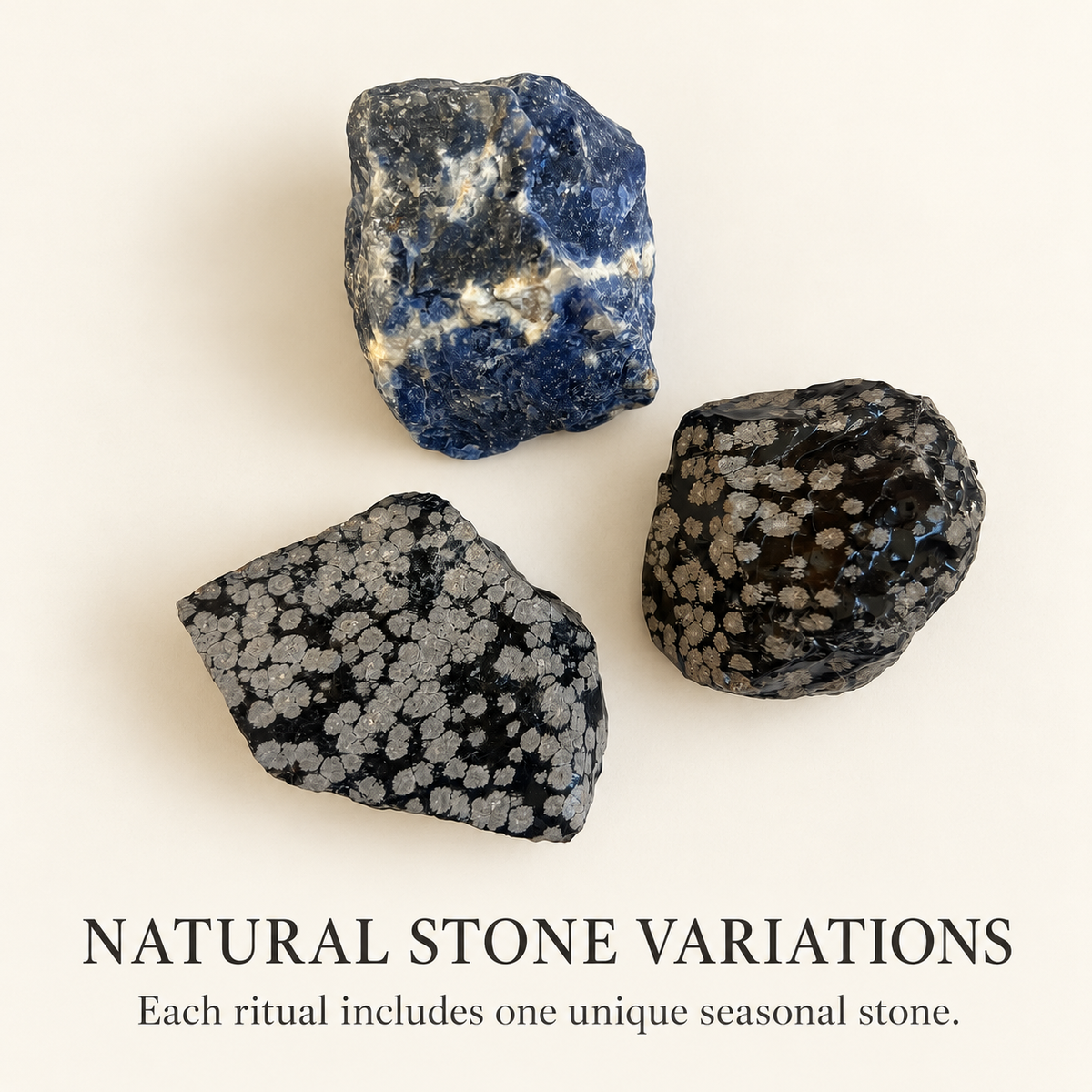 Glacier Peak natural stone variations: blue stone and snowflake-patterned stones — one unique seasonal stone included in each ritual gift set