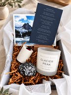 Glacier Peak Mountain Senses winter ritual gift box with candle, snowflake obsidian, matches, ritual card and mountain art