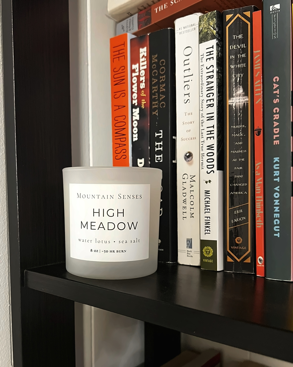 High Meadow Ritual Refill candle on a bookshelf beside colorful books