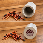Mountain Senses concrete match holder and wooden matches with two views showing the hollow holder and its honeycomb-patterned base striker