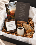 Sienna Valley Mountain Senses autumn ritual gift box with candle, petrified wood, matches, ritual card and mountain art