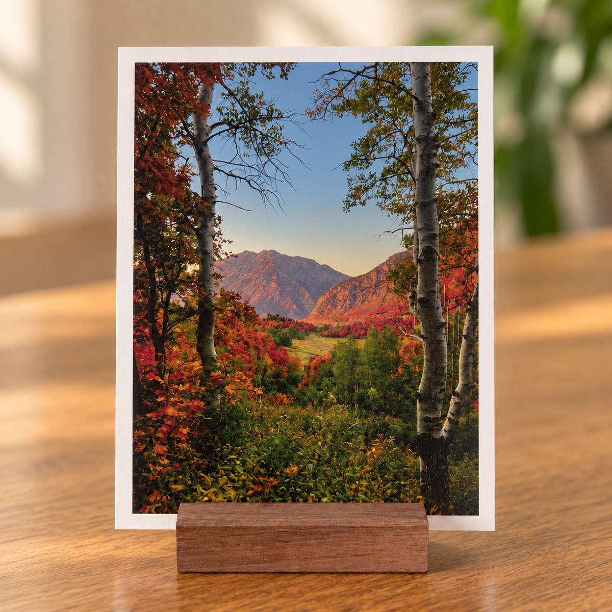 Sienna Valley autumn mountain landscape photo print displayed in a wooden stand