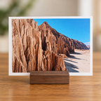 Sunstone Canyon desert rock landscape photo print displayed in a wooden stand