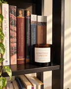 Sunstone Canyon candle on a bookshelf among classic books