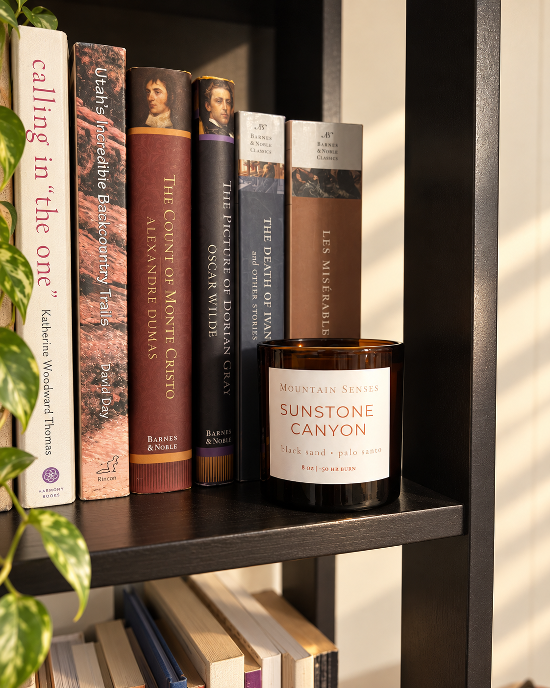 Sunstone Canyon candle on a bookshelf among classic books