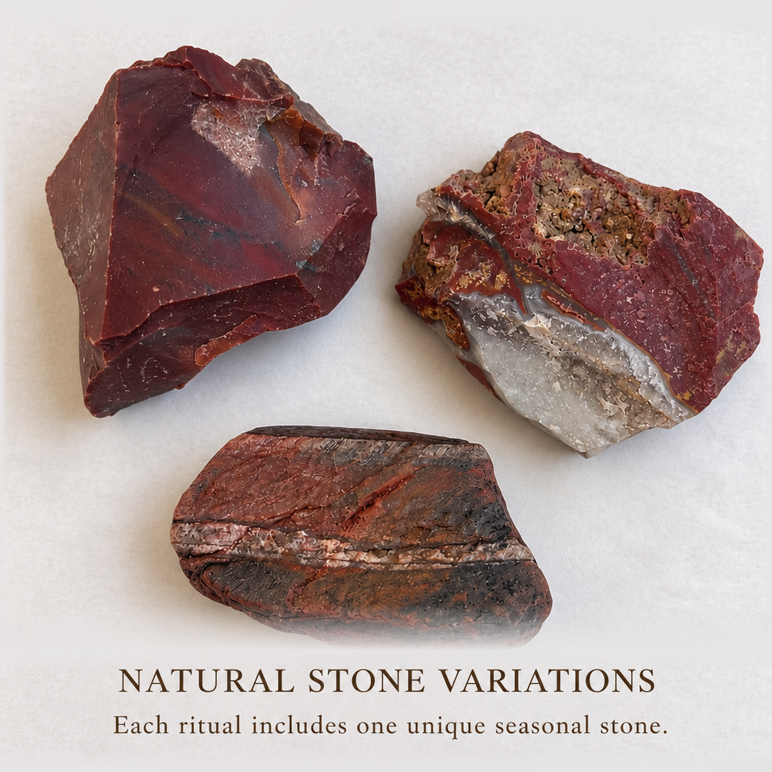 Sunstone Canyon natural stone variations — one unique seasonal stone is included with each ritual gift set