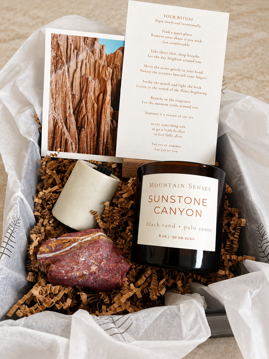 Sunstone Canyon summer candle pictured in the full ritual gift box; the Ritual Refill includes only the candle